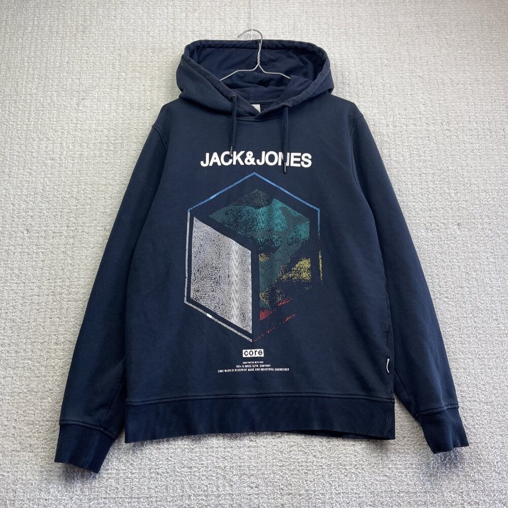 JACK & JONES Men L Core Cyber Geometric Abstract Graphic Hoodie Jumper Navy Blue